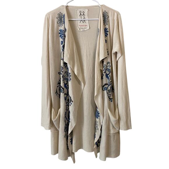 Johnny Was Open Front Knit Cardigan Small White Blue Floral Embroidered Boho - Picture 1 of 9
